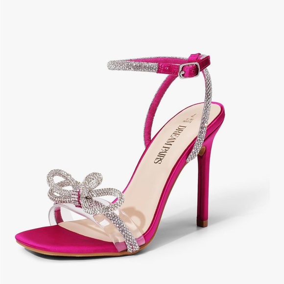 Dream Pairs Shoes - Dream Pairs Hot Pink Satin Crystal Bow Ankle-Strap Heel